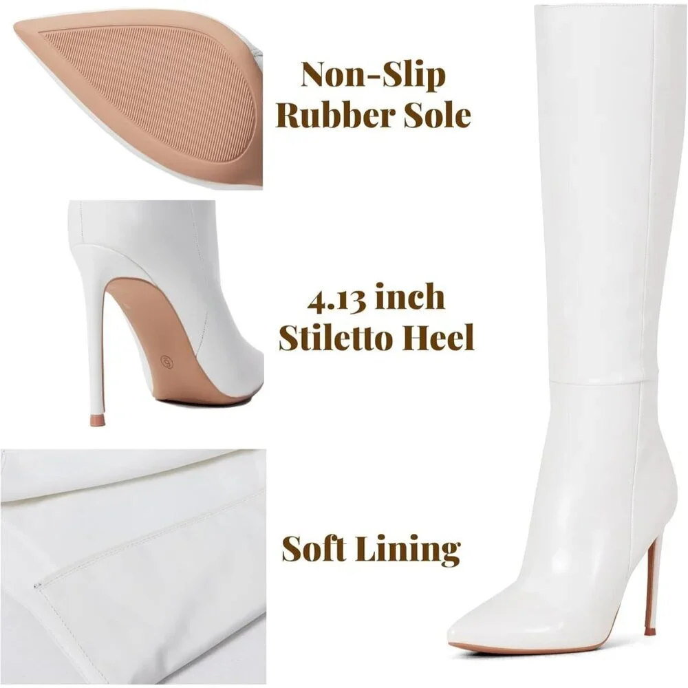 Women's White Leather Suede Knee High Stiletto Tall Pointed Toe Stylish Boot